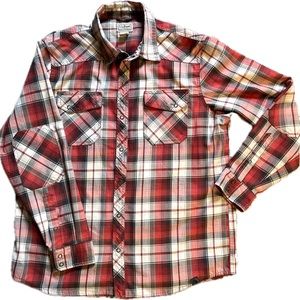 LL Bean Katahdin Performance Flannel Shirt Red Charcoal Plaid Mens Snap Size
L